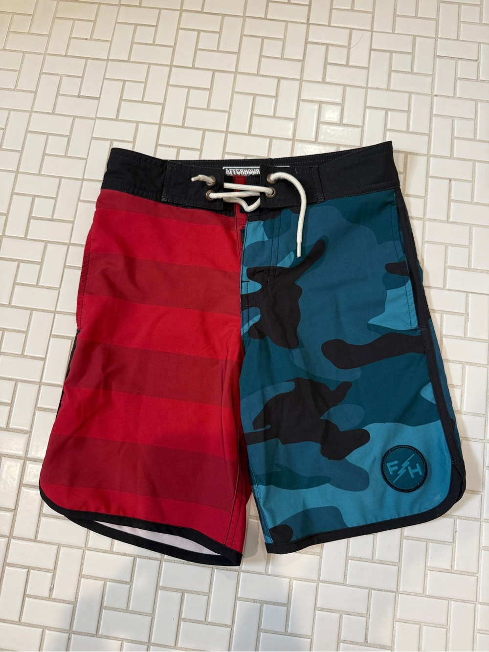Kids Two-Tone Red & Teal Swim Trunks with Drawstring Waist